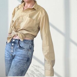 Vintage Retro Rockabilly Tan Coastal Button Down Shirt Women's L‎